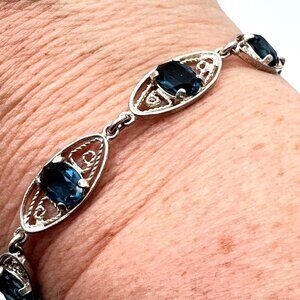 Sterling Silver Womens Bracelet Estate Vintage Blue Glass Stone Filigree